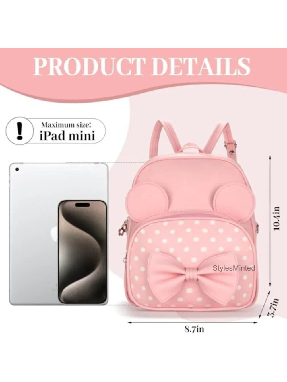 Mini Backpack for Women Girls Cute Bowknot Polka Dot Small Daypack Adjustable